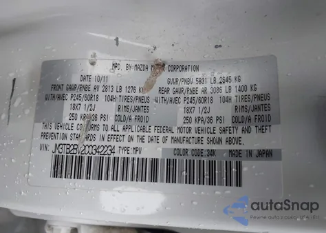 2012 Mazda Cx-9 Sport z USA, uszkodzony, nr VIN JM3TB2BV2C0342234